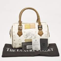 MCM White/Gold Visetos Coated Canvas and Lizard Embossed Leather Princess Lion Boston Bag