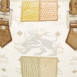 MCM White/Gold Visetos Coated Canvas and Lizard Embossed Leather Princess Lion Boston Bag
