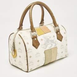 MCM White/Gold Visetos Coated Canvas and Lizard Embossed Leather Princess Lion Boston Bag