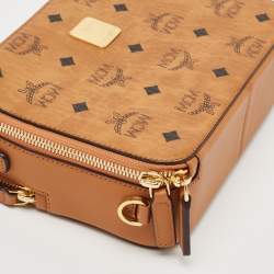 MCM Cognac Visetos Coated Canvas and Leather Double Zip Camera Crossbody Bag