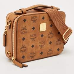 MCM Cognac Visetos Coated Canvas and Leather Double Zip Camera Crossbody Bag