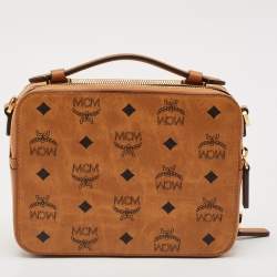 MCM Cognac Visetos Coated Canvas and Leather Double Zip Camera Crossbody Bag