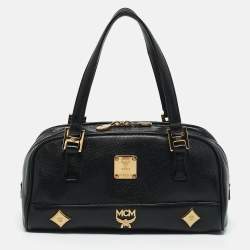 MCM Black Leather Studded Heritage Boston Bag
