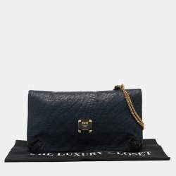 MCM Navy Blue/Brown Coated Raffia and Patent Leather Flap Shoulder Bag