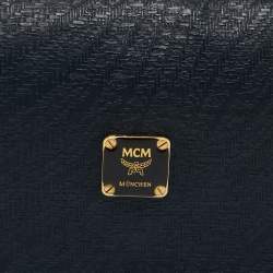 MCM Navy Blue/Brown Coated Raffia and Patent Leather Flap Shoulder Bag