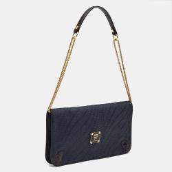 MCM Navy Blue/Brown Coated Raffia and Patent Leather Flap Shoulder Bag