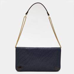 MCM Navy Blue/Brown Coated Raffia and Patent Leather Flap Shoulder Bag