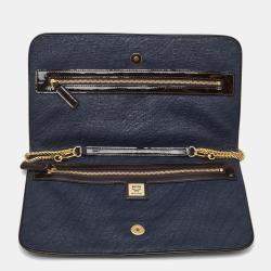 MCM Navy Blue/Brown Coated Raffia and Patent Leather Flap Shoulder Bag