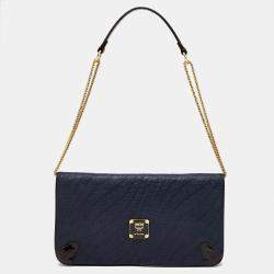 MCM Navy Blue/Brown Coated Raffia and Patent Leather Flap Shoulder Bag