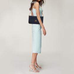 MCM Navy Blue/Brown Coated Raffia and Patent Leather Flap Shoulder Bag