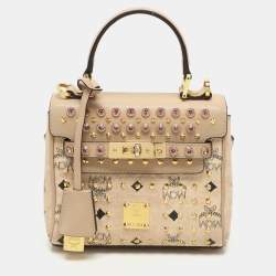 MCM Beige Visetos Coated Canvas and Leather Mini Heritage Top Handle Bag
