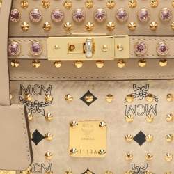 MCM Beige Visetos Coated Canvas and Leather Mini Heritage Top Handle Bag