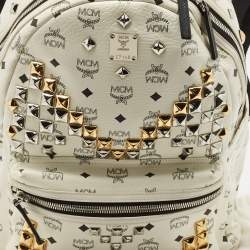 Pre Owned MCM White/Black Visetos Coated Canvas Medium Studded Stark Backpack