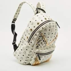 Pre Owned MCM White/Black Visetos Coated Canvas Medium Studded Stark Backpack