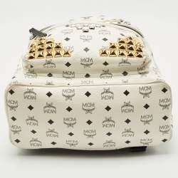 Pre Owned MCM White/Black Visetos Coated Canvas Medium Studded Stark Backpack