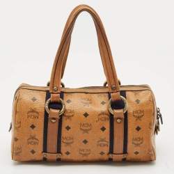 MCM Cognac Visetos Coated Canvas and Leather Boston Satchel