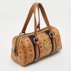 MCM Cognac Visetos Coated Canvas and Leather Boston Satchel