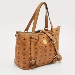 MCM Cognac Visetos Coated Canvas and Leather Top Zip Tote