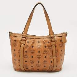 MCM Cognac Visetos Coated Canvas and Leather Top Zip Tote
