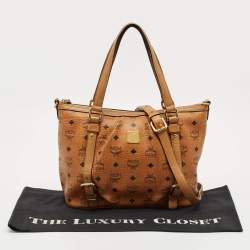 MCM Cognac Visetos Coated Canvas and Leather Top Zip Tote