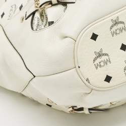 مملوكة مسبقًا MCM White Visetos Coated Canvas and Leather Buckle Hobo