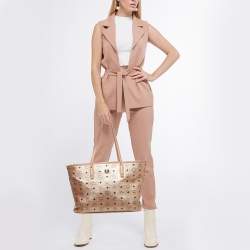 Pre Owned MCM Rose Gold Visetos Coated Canvas and Leather Shopper Tote