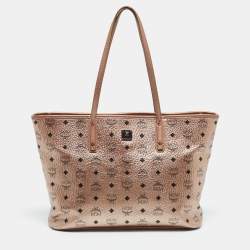 Pre Owned MCM Rose Gold Visetos Coated Canvas and Leather Shopper Tote