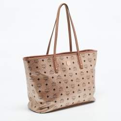 Pre Owned MCM Rose Gold Visetos Coated Canvas and Leather Shopper Tote