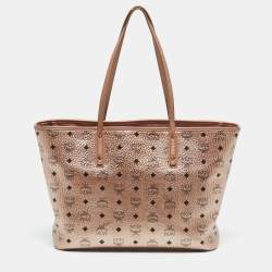 Pre Owned MCM Rose Gold Visetos Coated Canvas and Leather Shopper Tote