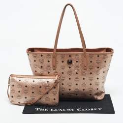 Pre Owned MCM Rose Gold Visetos Coated Canvas and Leather Shopper Tote