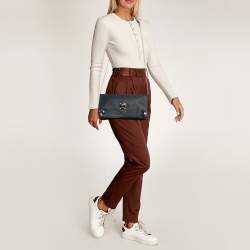 Pre Owned MCM Navy Blue/Brown Coated Raffia and Patent Leather Flap Shoulder Bag