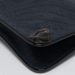 Pre Owned MCM Navy Blue/Brown Coated Raffia and Patent Leather Flap Shoulder Bag