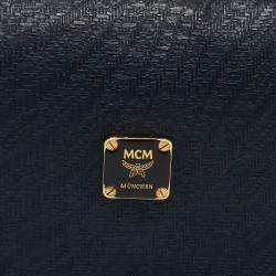 Pre Owned MCM Navy Blue/Brown Coated Raffia and Patent Leather Flap Shoulder Bag