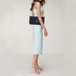 Pre Owned MCM Navy Blue/Brown Coated Raffia and Patent Leather Flap Shoulder Bag