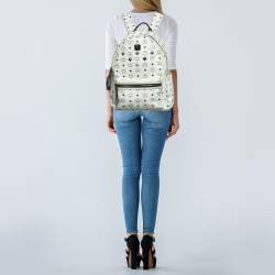 Pre Owned MCM White/Black Visetos Coated Canvas Large Studded Stark Backpack  