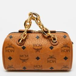 Pre Owned MCM Cognac Visetos Coated Canvas Mini Essential Boston Bag