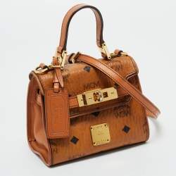 Pre Owned MCM Cognac Visetos Coated Canvas X Mini Hertiage Top Handle Bag