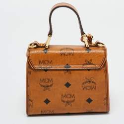 Pre Owned MCM Cognac Visetos Coated Canvas X Mini Hertiage Top Handle Bag