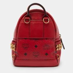 Pre Owned MCM Red Visetos Coated Canvas and Leather Side Stud X-Mini Stark Bebe Boo Backpack