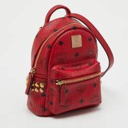 Pre Owned MCM Red Visetos Coated Canvas and Leather Side Stud X-Mini Stark Bebe Boo Backpack