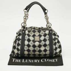 Pre Owned MCM Black Printed Fabric and Leather Zip Satchel