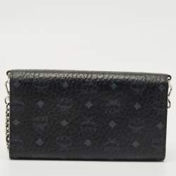 Pre Owned MCM Black Visetos Coated Canvas and Leather Trifold Wallet On Chain