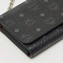Pre Owned MCM Black Visetos Coated Canvas and Leather Trifold Wallet On Chain