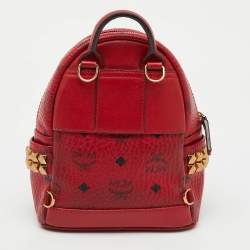 Pre Owned MCM Red Visetos Coated Canvas and Leather Side Stud X-Mini Stark Bebe Boo Backpack