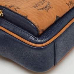 Pre Owned MCM Tan/Navy Blue Leather and Visetos Coated Canvas Small Klassik Crossbody Bag