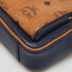 Pre Owned MCM Tan/Navy Blue Leather and Visetos Coated Canvas Small Klassik Crossbody Bag