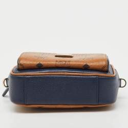 Pre Owned MCM Tan/Navy Blue Leather and Visetos Coated Canvas Small Klassik Crossbody Bag