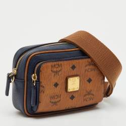 Pre Owned MCM Tan/Navy Blue Leather and Visetos Coated Canvas Small Klassik Crossbody Bag