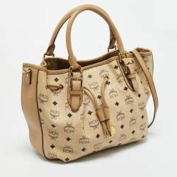 Pre Owned MCM Beige Visetos Coated Canvas Drawstring Tote