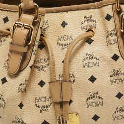 Pre Owned MCM Beige Visetos Coated Canvas Drawstring Tote